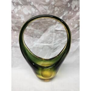 Vintage Murano Glass Basket Vase Yellow/Green Sommerso Hand blown 13.5" XXL RARE